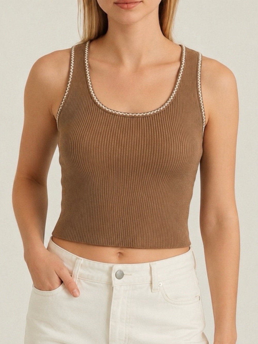 Caroline Constas Ribbed Checker Trim Racerback Crop Tank Top Brown Cream L